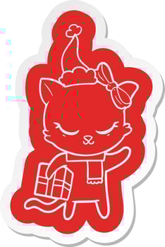 cute cartoon  sticker of a cat with present wearing santa hat vector