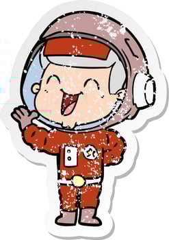 distressed sticker of a happy cartoon astronaut vector