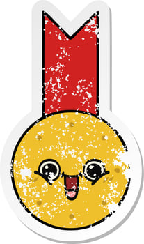 distressed sticker of a cute cartoon gold medal vector