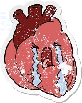 distressed sticker of a cartoon heart crying vector