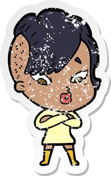 distressed sticker of a cartoon surprised girl vector