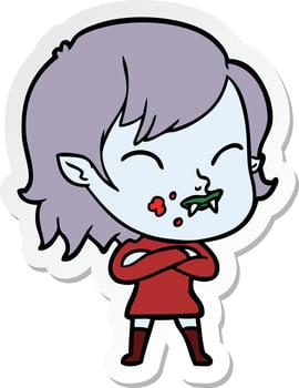 sticker of a cartoon vampire girl with blood on cheek vector