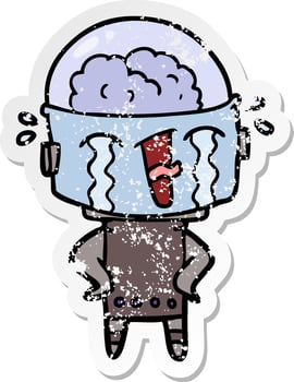 distressed sticker of a cartoon crying robot vector