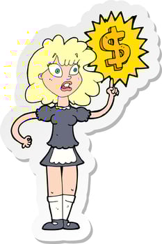 sticker of a cartoon waitress with money symbol vector