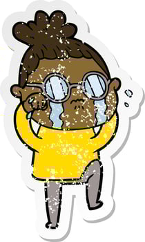 distressed sticker of a cartoon crying woman wearing spectacles vector