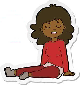 sticker of a cartoon happy woman sitting on floor vector