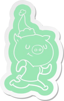 happy cartoon  sticker of a pig running wearing santa hat vector