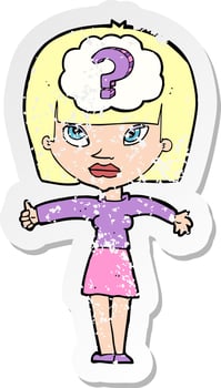 retro distressed sticker of a cartoon woman with question vector
