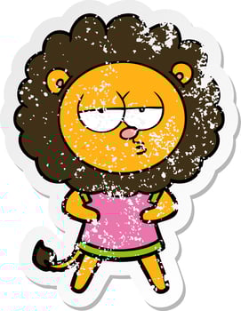 distressed sticker of a cartoon bored lion vector