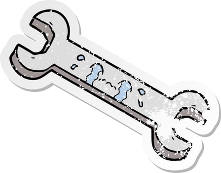 distressed sticker of a cartoon crying spanner vector