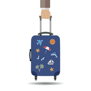 Man hand hold suitcase with stickers. vector