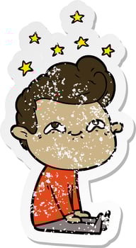 distressed sticker of a cartoon excited man vector