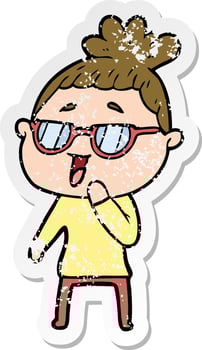 distressed sticker of a cartoon happy woman wearing spectacles vector