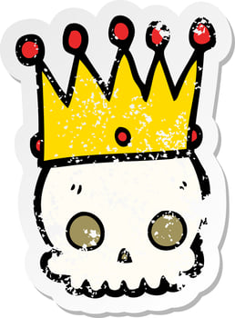distressed sticker of a cartoon skull with crown vector
