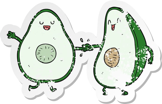 distressed sticker of a cartoon dancing avocados vector