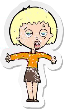 retro distressed sticker of a cartoon bored woman vector