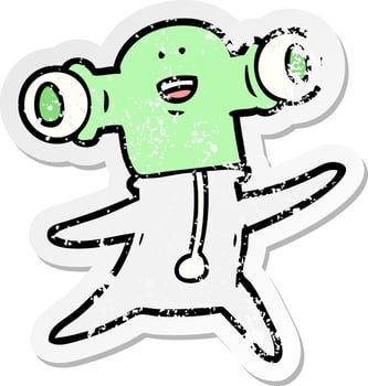 distressed sticker of a friendly cartoon alien vector