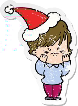 distressed sticker cartoon of a frustrated woman wearing santa hat vector