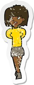 retro distressed sticker of a cartoon happy woman vector