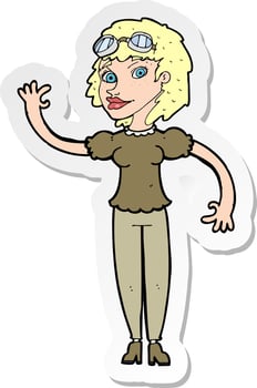 sticker of a cartoon pilot woman waving vector