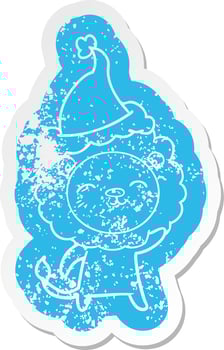 cartoon distressed sticker of a lion wearing santa hat vector