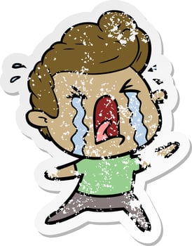 distressed sticker of a cartoon crying man vector