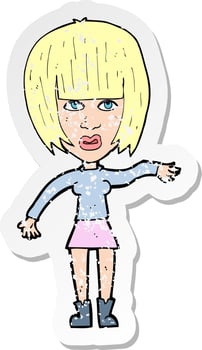 retro distressed sticker of a cartoon woman waving away vector