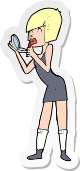 sticker of a cartoon woman applying lipstick vector