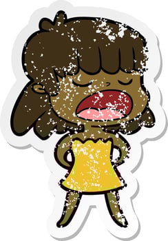 distressed sticker of a cartoon woman talking loudly vector