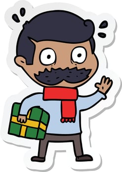 sticker of a cartoon man with mustache and christmas present vector