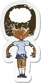 retro distressed sticker of a cartoon woman with idea vector