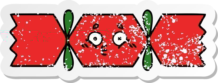 distressed sticker of a cute cartoon christmas cracker vector
