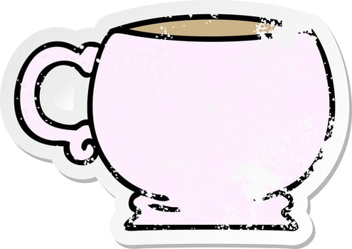 distressed sticker of a quirky hand drawn cartoon mug vector