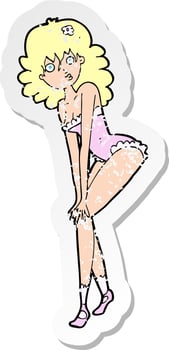 retro distressed sticker of a cartoon woman in lingerie vector