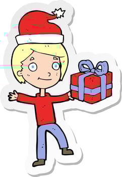 sticker of a cartoon boy with present vector