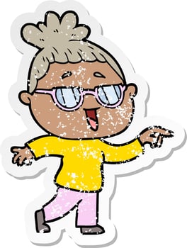 distressed sticker of a cartoon happy woman wearing spectacles vector