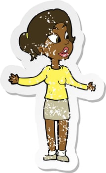retro distressed sticker of a cartoon pretty woman explaining something vector