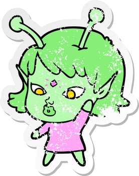 distressed sticker of a pretty cartoon alien girl vector