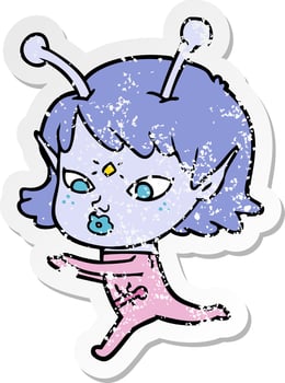 distressed sticker of a pretty cartoon alien girl vector