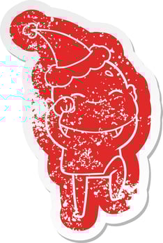 happy cartoon distressed sticker of a bald man wearing santa hat vector
