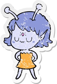 distressed sticker of a cartoon alien girl vector