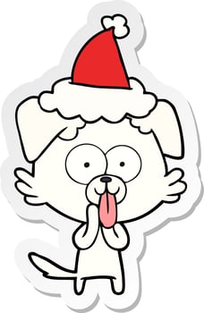 sticker cartoon of a dog with tongue sticking out wearing santa hat vector
