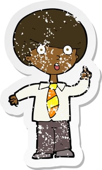 retro distressed sticker of a cartoon school boy answering question vector