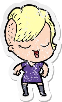 distressed sticker of a happy cartoon girl vector