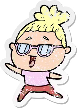 distressed sticker of a cartoon happy woman wearing spectacles vector