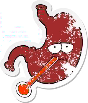 distressed sticker of a cartoon upset stomach vector