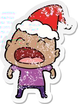 distressed sticker cartoon of a shouting bald man wearing santa hat vector