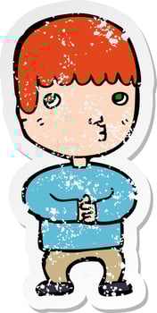 distressed sticker of a cartoon man thinking vector