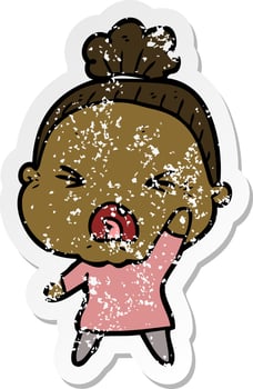 distressed sticker of a cartoon angry old woman vector