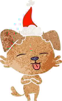 retro cartoon of a dog sticking out tongue wearing santa hat vector
